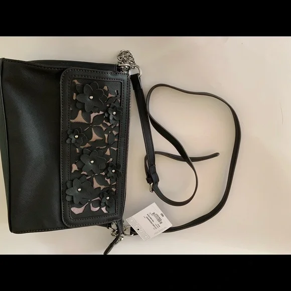 LC Liza Claiborne Black Liza Floral on Gold Tone Background Crossbody Purse - Picture 9 of 12